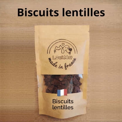 Sachet de biscuits pour chien aux lentilles Lou&Mat, recette végétarienne