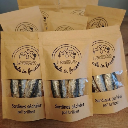 Sachets de sardines séchées Lou&Mat, friandise naturelle pour chiens et chats