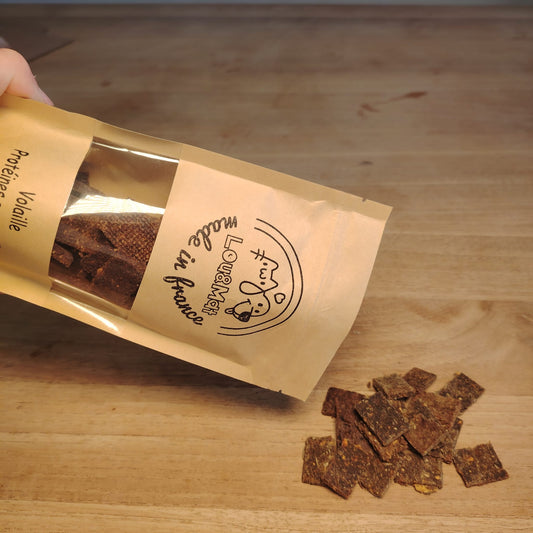 Biscuits pour chien à la volaille Lou&Mat versés de leur sachet kraft